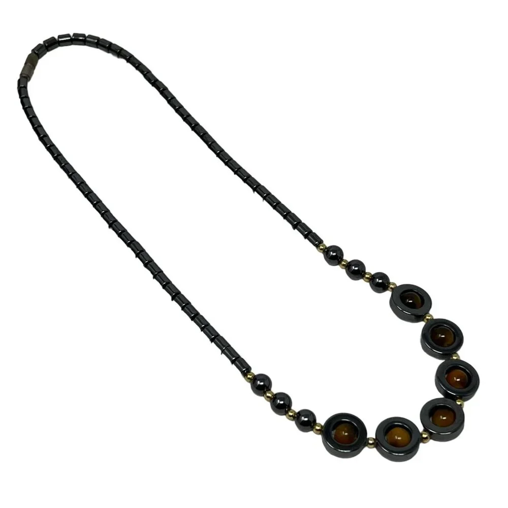 Hematite Necklace Black Natural Stone Caged Yellow Orange‎ Beads Gold Tone Beads